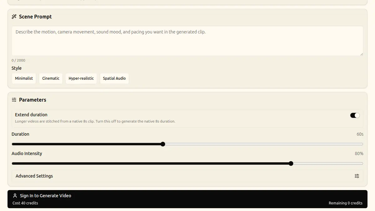 AIforASMR scene prompt field and style controls for ASMR video generation
